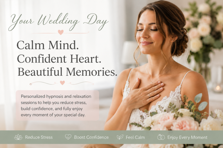 Relaxed bride feeling calm and confident before her wedding day through hypnosis, stress relief, and confidence building support.