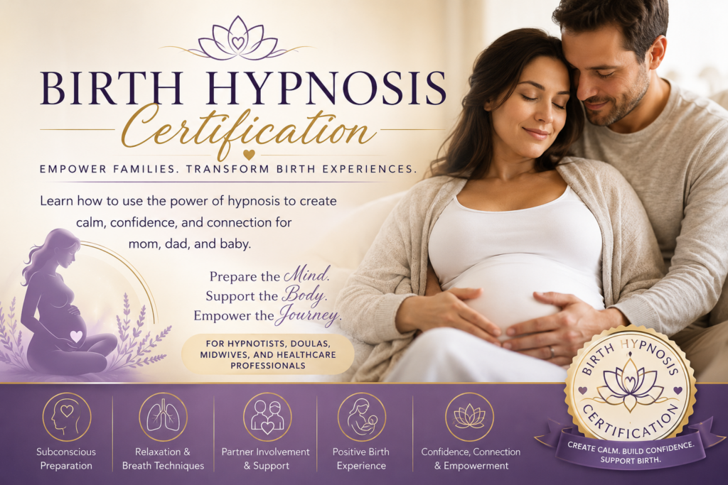 Birth Hypnosis Certification banner featuring an expectant couple embracing with a calm, peaceful expression, representing childbirth hypnosis training, prenatal relaxation, partner support, subconscious preparation, and professional certification for hypnotists, doulas, midwives, nurses, and childbirth educators.