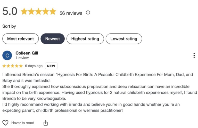 Testimonial from a childbirth attendee praising Brenda Rhodes' "Hypnosis for Birth: A Peaceful Childbirth Experience for Mom, Dad, and Baby" workshop, highlighting her expertise in subconscious preparation, deep relaxation, natural childbirth, and positive birth experiences.