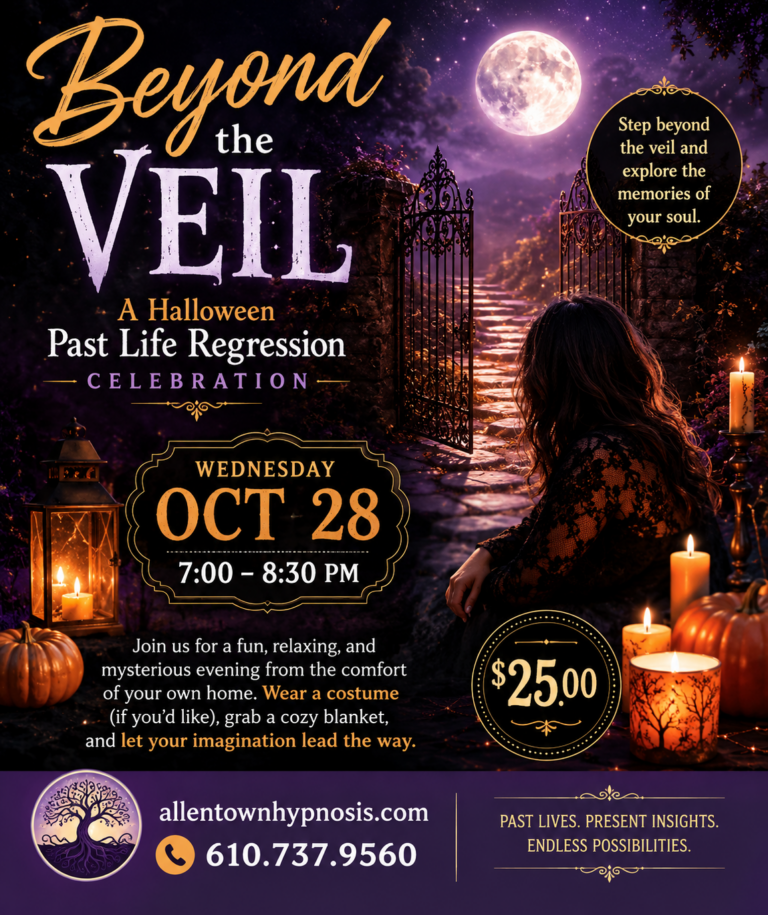 Halloween-themed flyer for "Beyond the Veil," a live Zoom past life regression celebration on Wednesday, October 28, from 7:00–8:30 PM. Features a moonlit path, glowing gate, candles, pumpkins, and mystical scenery with event details, $25 admission, allentownhypnosis.com, and 610-737-9560.