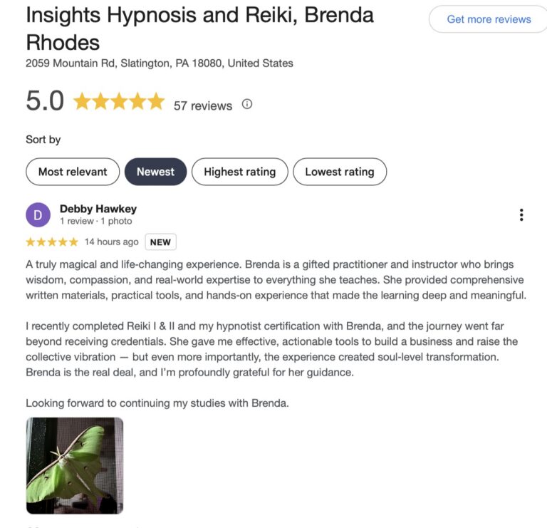 Testimonial from a student describing Brenda Rhodes as a gifted Reiki and hypnosis instructor who provides comprehensive training, practical tools, hands-on experience, business guidance, and transformational personal growth.