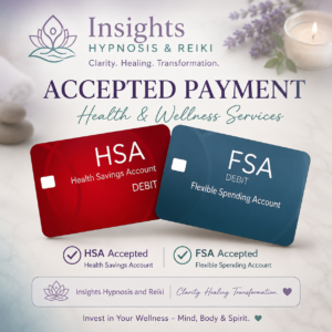 Graphic announcing that Insights Hypnosis and Reiki accepts HSA and FSA debit cards for eligible services. Contact Brenda Rhodes for information about payment options.